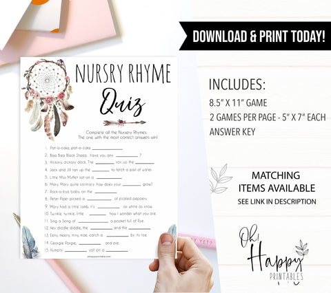 Boho baby games, nursery rhyme quiz baby game, fun baby games, printable baby games, top 10 baby games, boho baby shower, baby games, hilarious baby games