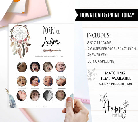 labor or porn and baby bump or beer belly game pack, Printable baby shower games, boho baby shower games, dreamcatcher baby games, fun baby shower games, top baby shower ideas
