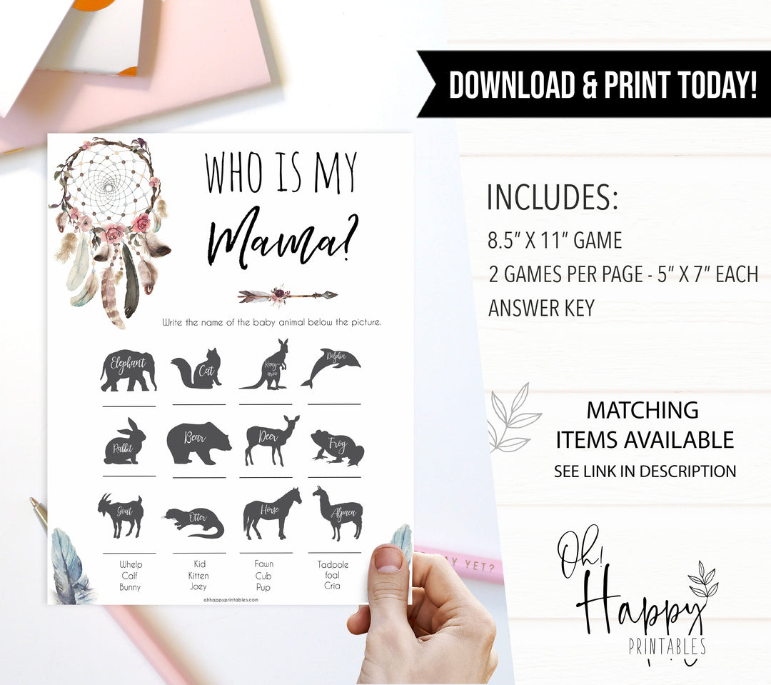 Boho baby games, who is my mama baby game, fun baby games, printable baby games, top 10 baby games, boho baby shower, baby games, hilarious baby games