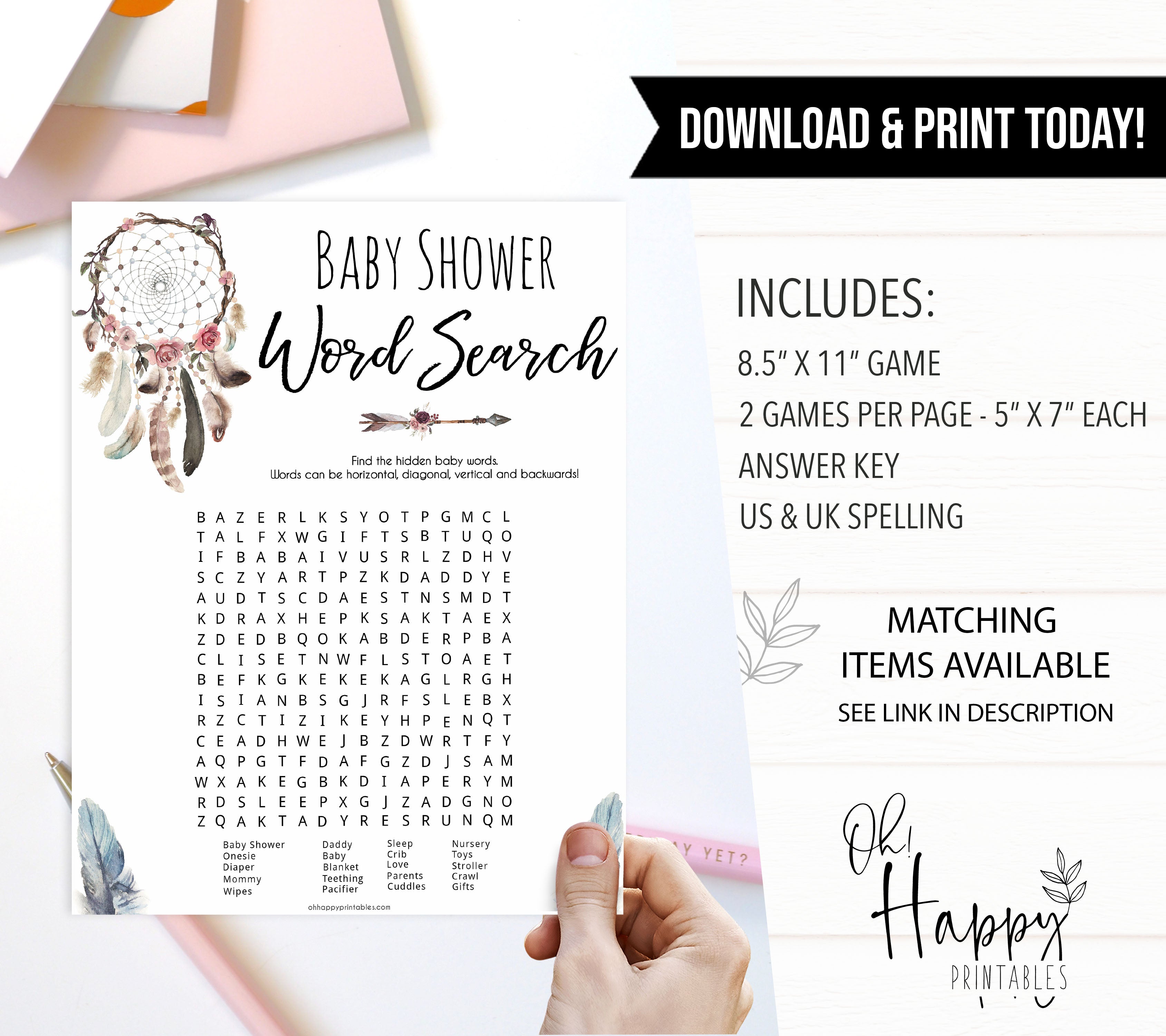 Boho baby games, word search baby game, fun baby games, printable baby games, top 10 baby games, boho baby shower, baby games, hilarious baby games