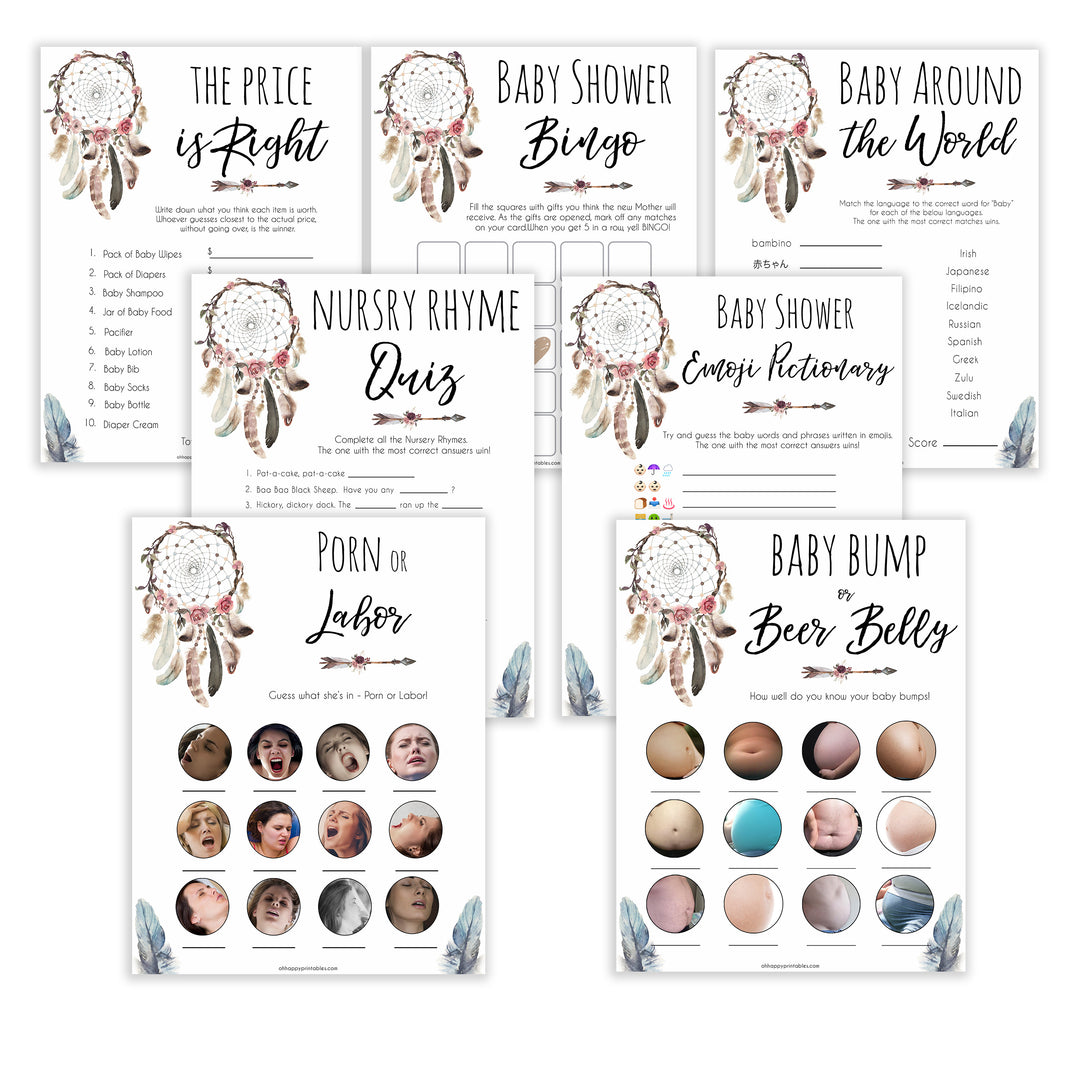 Boho baby games, 7 baby games bundle, fun baby games, printable baby games, top 10 baby games, boho baby shower, baby games, hilarious baby games