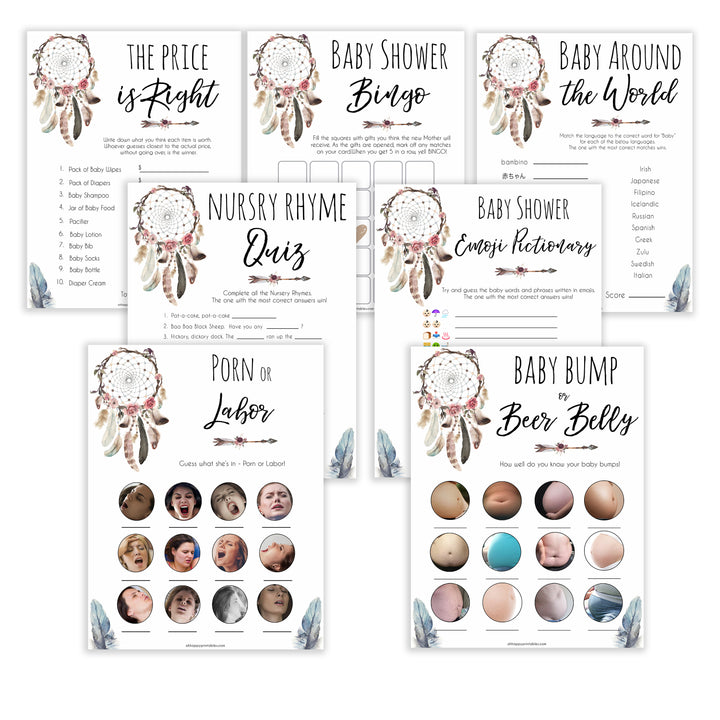 Boho baby games, 7 baby games bundle, fun baby games, printable baby games, top 10 baby games, boho baby shower, baby games, hilarious baby games