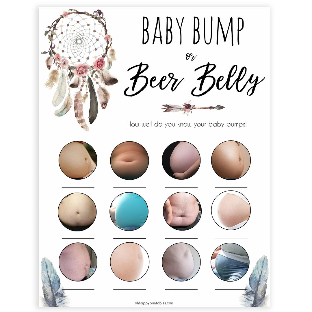 Boho baby games, baby bump or beer belly baby game, fun baby games, printable baby games, top 10 baby games, boho baby shower, baby games, hilarious baby games