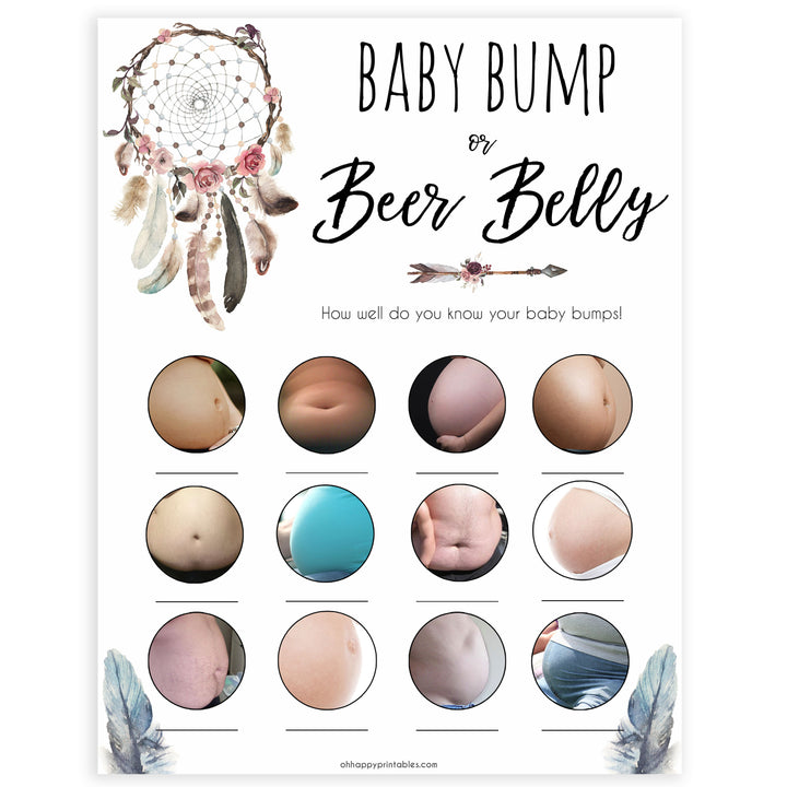 Boho baby games, baby bump or beer belly baby game, fun baby games, printable baby games, top 10 baby games, boho baby shower, baby games, hilarious baby games