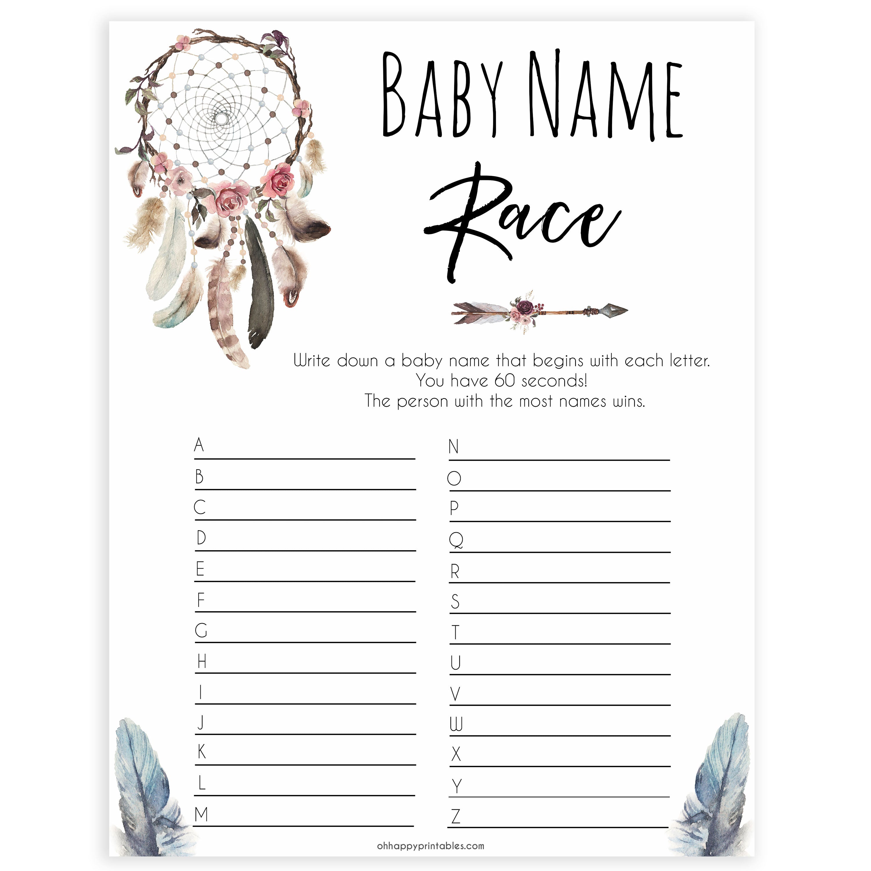 Boho baby games, baby name race baby game, fun baby games, printable baby games, top 10 baby games, boho baby shower, baby games, hilarious baby games
