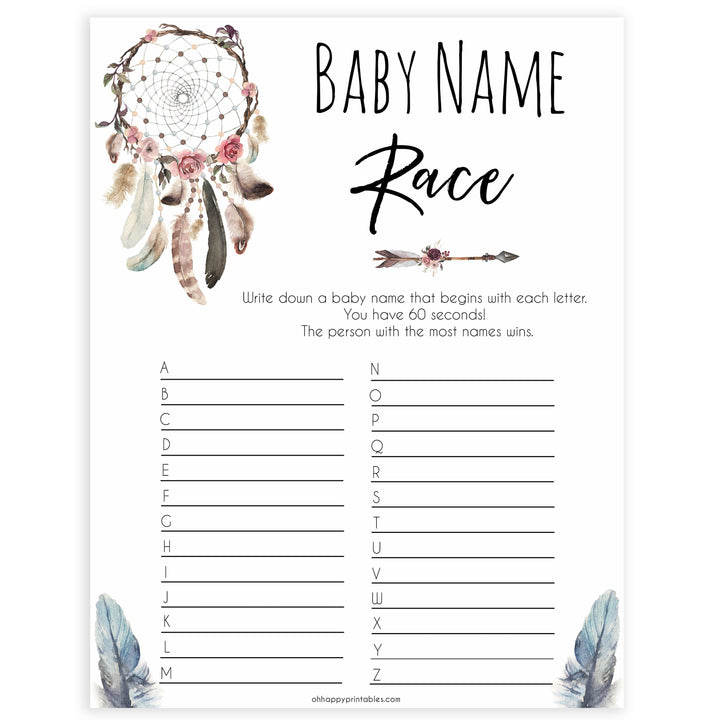 Boho baby games, baby name race baby game, fun baby games, printable baby games, top 10 baby games, boho baby shower, baby games, hilarious baby games