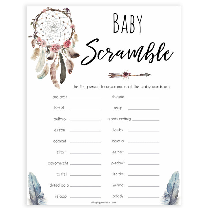 Boho baby games, baby scramble baby game, fun baby games, printable baby games, top 10 baby games, boho baby shower, baby games, hilarious baby games