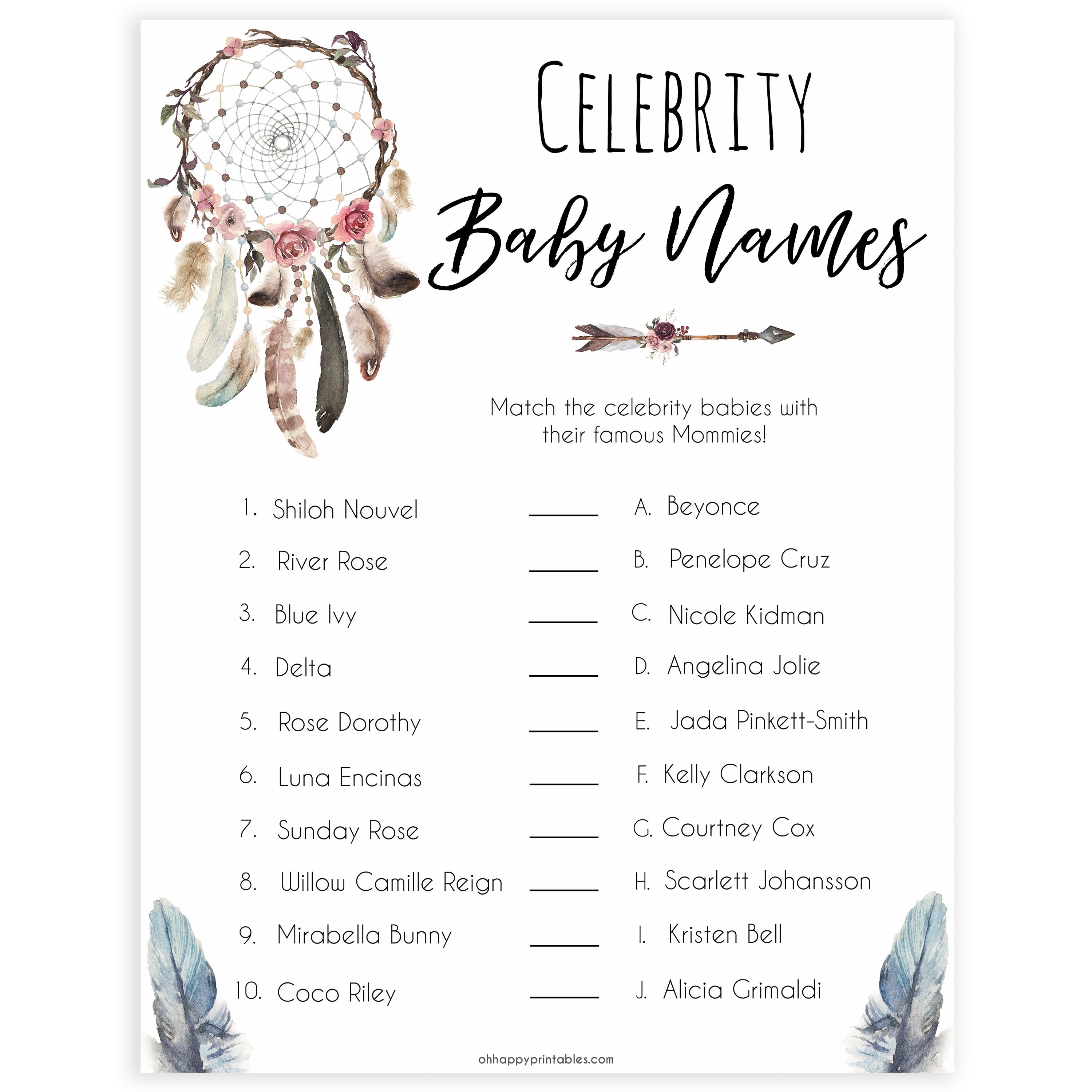 Boho baby games, celebrity baby names baby game, fun baby games, printable baby games, top 10 baby games, boho baby shower, baby games, hilarious baby games