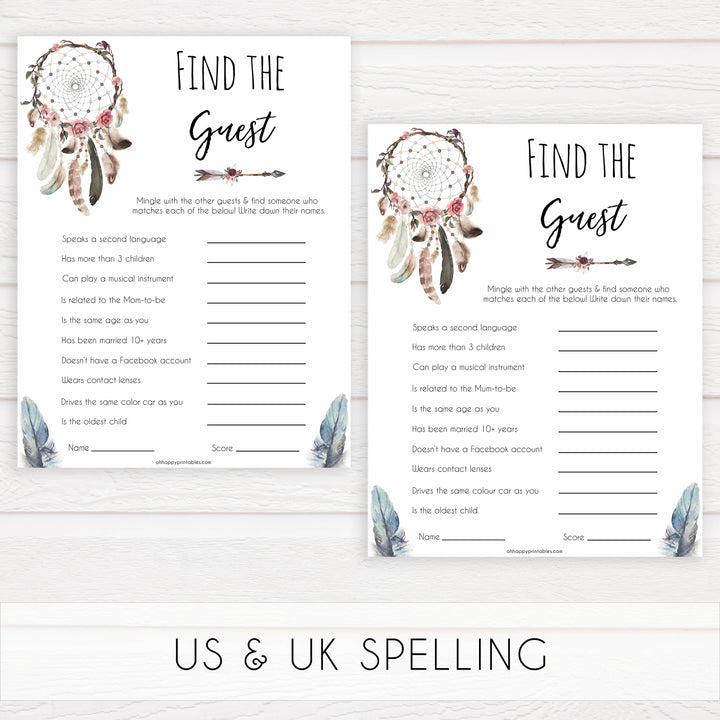 Boho baby games, find the guest baby game, fun baby games, printable baby games, top 10 baby games, boho baby shower, baby games, hilarious baby games