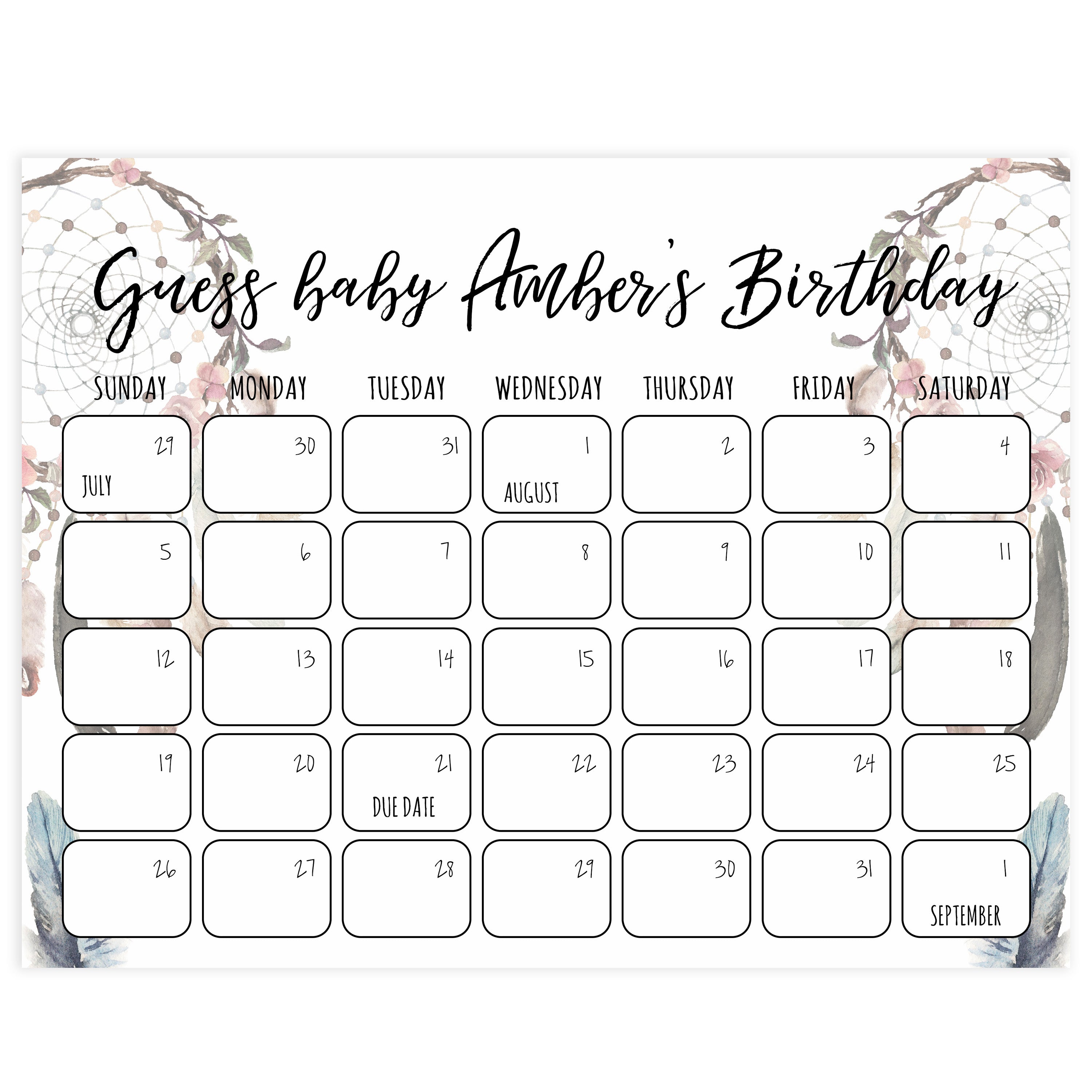 guess the baby birthday game, baby birthday prediction game, printable baby shower games, boho baby shower decor dreamcatcher baby shower games
