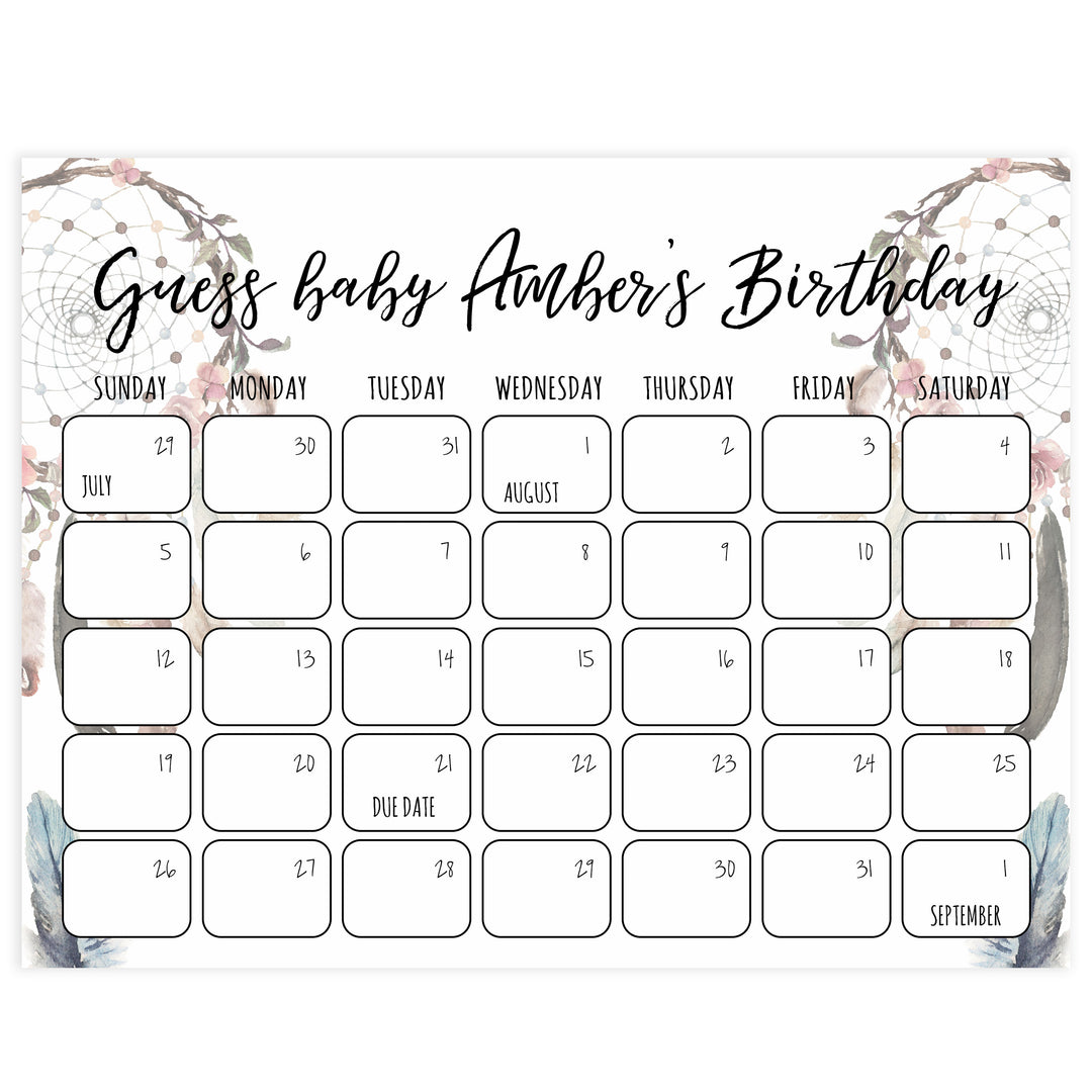 guess the baby birthday game, baby birthday prediction game, printable baby shower games, boho baby shower decor dreamcatcher baby shower games