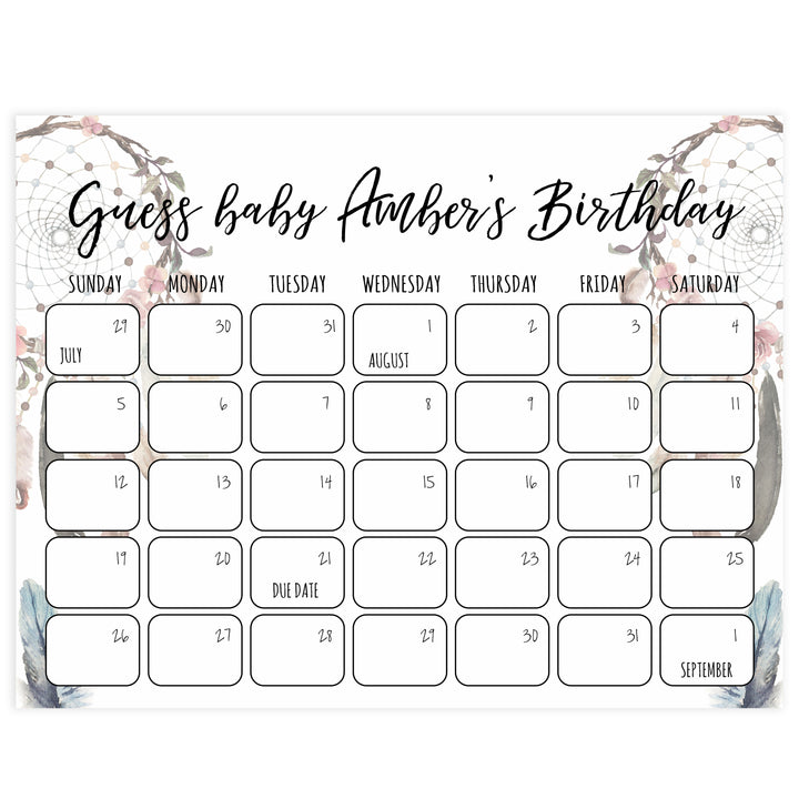 guess the baby birthday game, baby birthday prediction game, printable baby shower games, boho baby shower decor dreamcatcher baby shower games