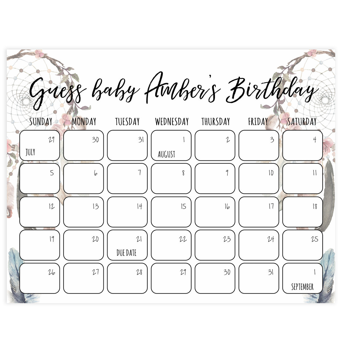 guess the baby birthday game, baby birthday prediction game, printable baby shower games, boho baby shower decor dreamcatcher baby shower games