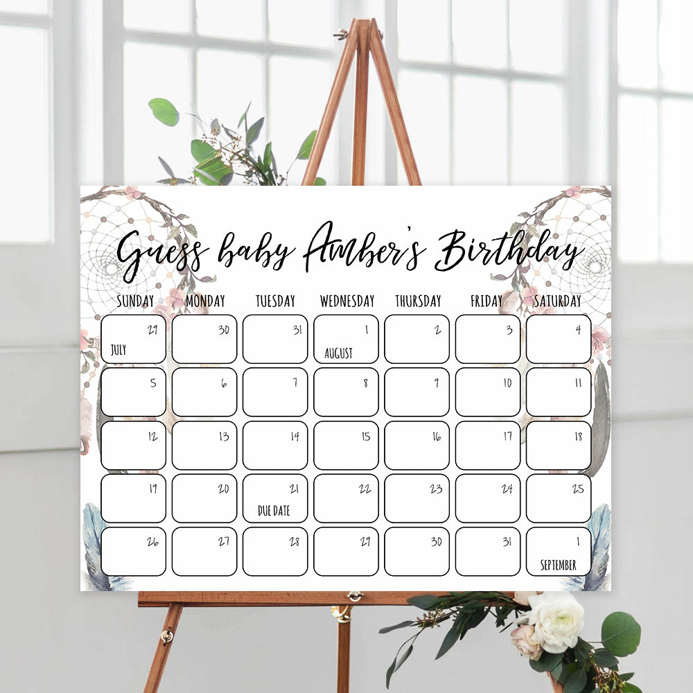 guess the baby birthday game, baby birthday prediction game, printable baby shower games, boho baby shower decor dreamcatcher baby shower games