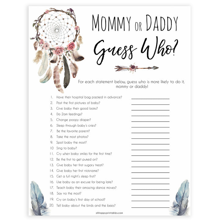 Boho baby games, guess who's more likely baby game, fun baby games, printable baby games, top 10 baby games, boho baby shower, baby games, hilarious baby games