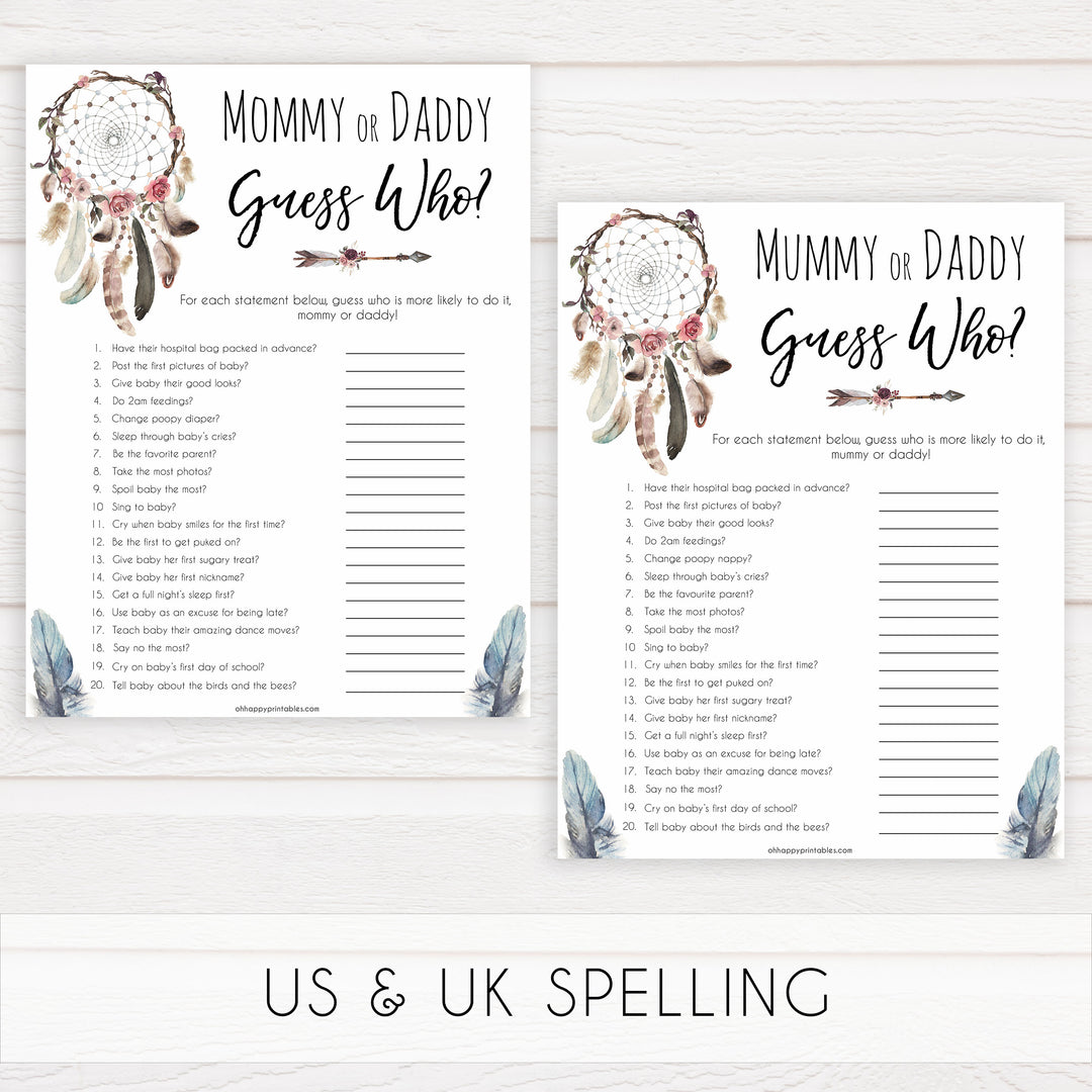 Boho baby games, guess who's more likely baby game, fun baby games, printable baby games, top 10 baby games, boho baby shower, baby games, hilarious baby games