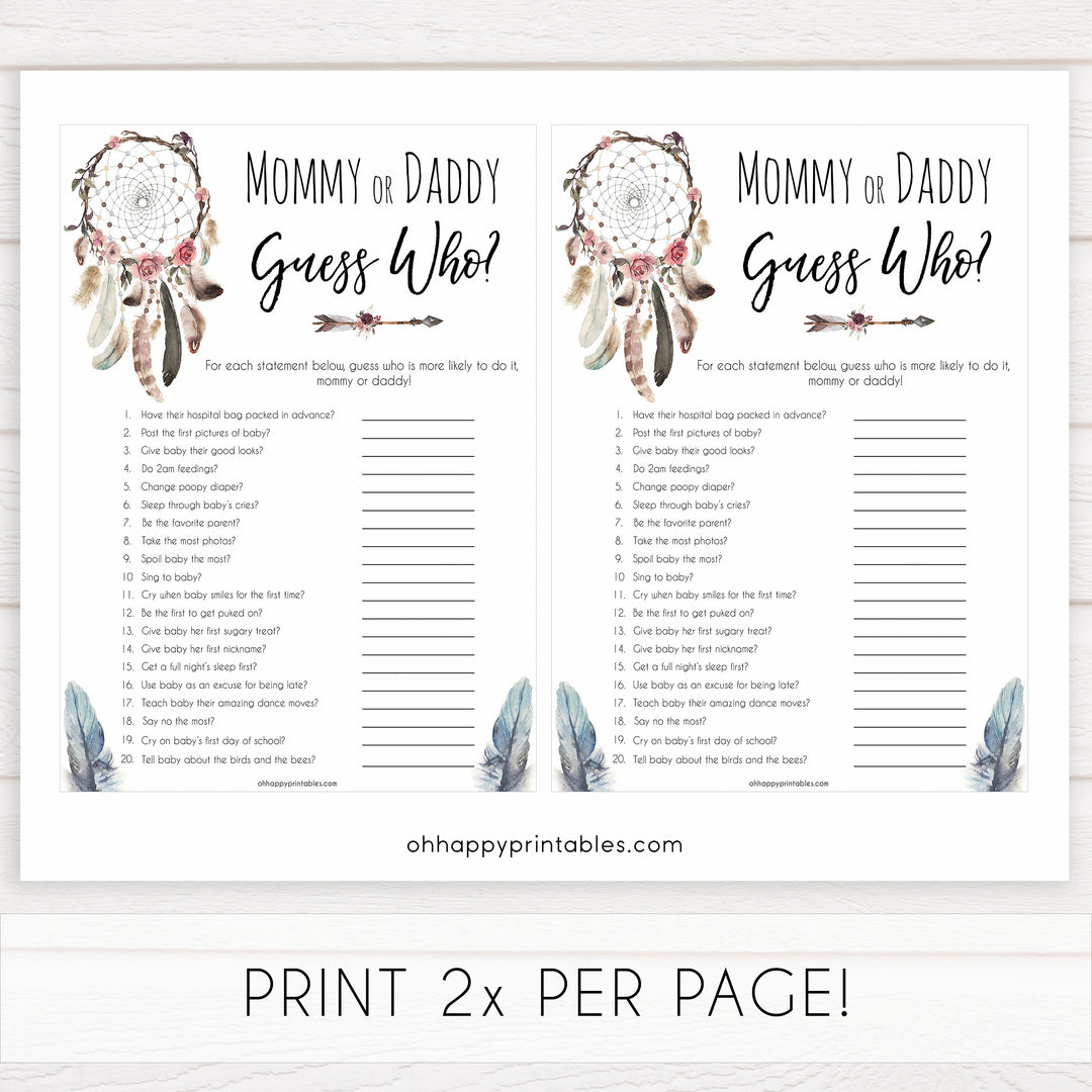 Boho baby games, guess who's more likely baby game, fun baby games, printable baby games, top 10 baby games, boho baby shower, baby games, hilarious baby games