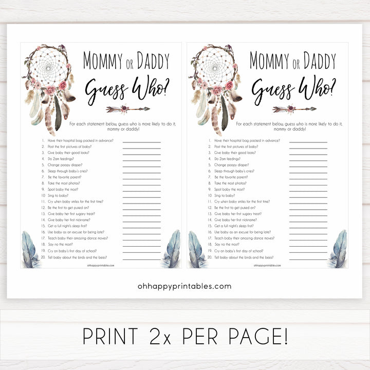 Boho baby games, guess who's more likely baby game, fun baby games, printable baby games, top 10 baby games, boho baby shower, baby games, hilarious baby games