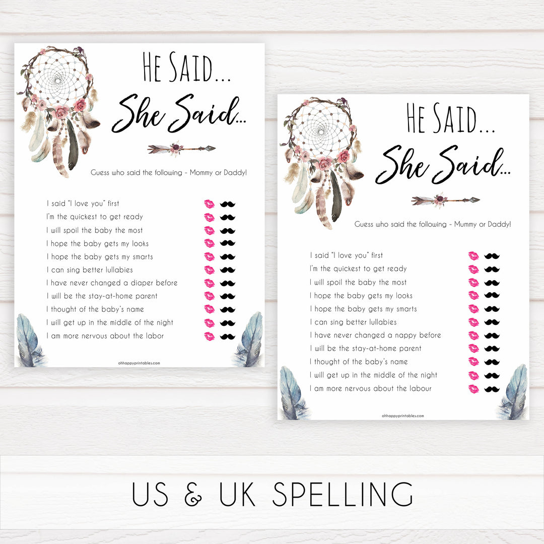 Boho baby games, he said she said baby game, fun baby games, printable baby games, top 10 baby games, boho baby shower, baby games, hilarious baby games