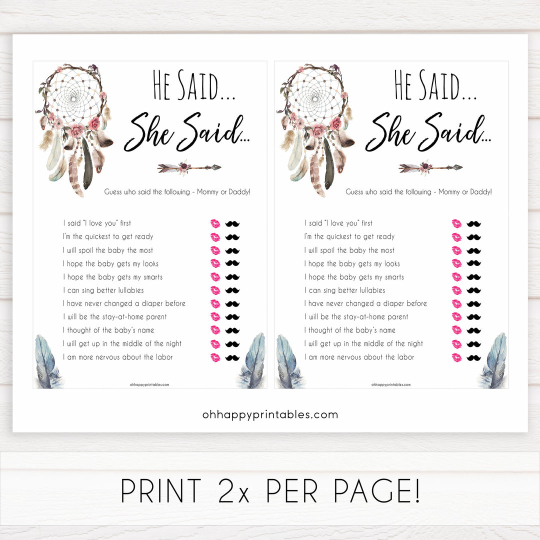 Boho baby games, he said she said baby game, fun baby games, printable baby games, top 10 baby games, boho baby shower, baby games, hilarious baby games