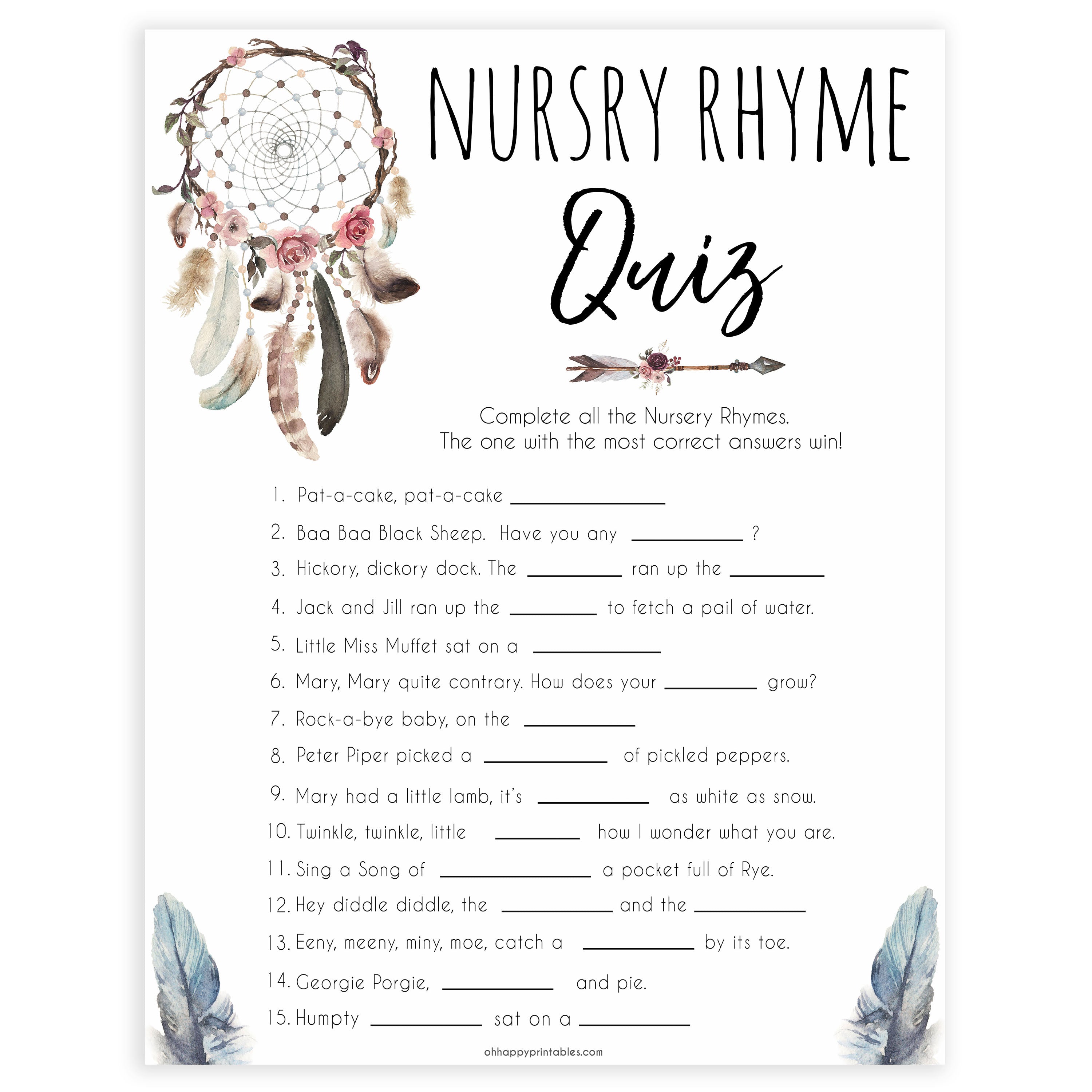 Boho baby games, nursery rhyme quiz baby game, fun baby games, printable baby games, top 10 baby games, boho baby shower, baby games, hilarious baby games