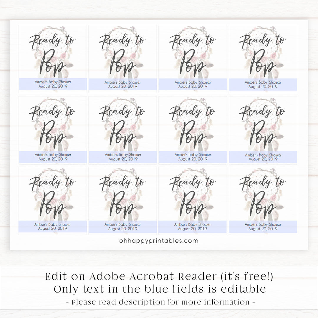 ready to pop tags, pop tags, Printable baby shower games, boho baby shower games, dreamcatcher baby games, fun baby shower games, top baby shower ideas