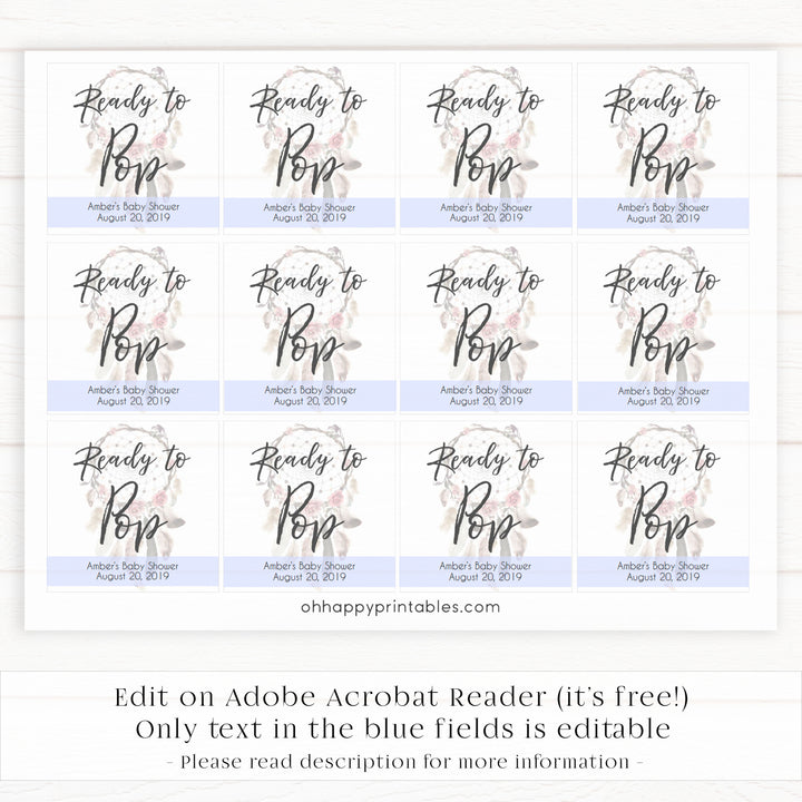 ready to pop tags, pop tags, Printable baby shower games, boho baby shower games, dreamcatcher baby games, fun baby shower games, top baby shower ideas