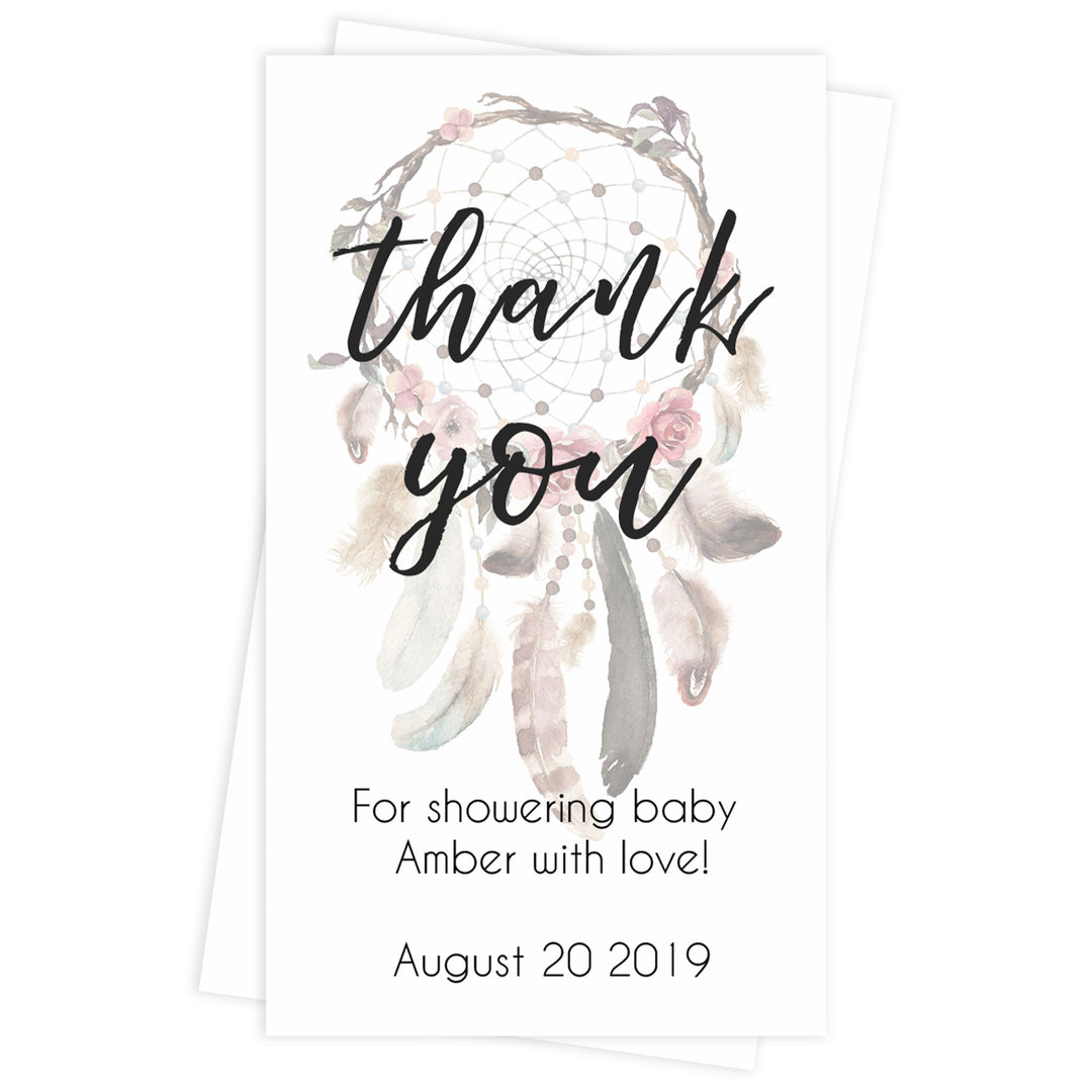 baby shower thank you tags, printable baby shower thank you tags, editable baby shower thank you tags, boho baby shower ideas, baby dreamcatcher decor