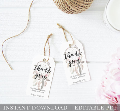 baby shower thank you tags, printable baby shower thank you tags, editable baby shower thank you tags, boho baby shower ideas, baby dreamcatcher decor