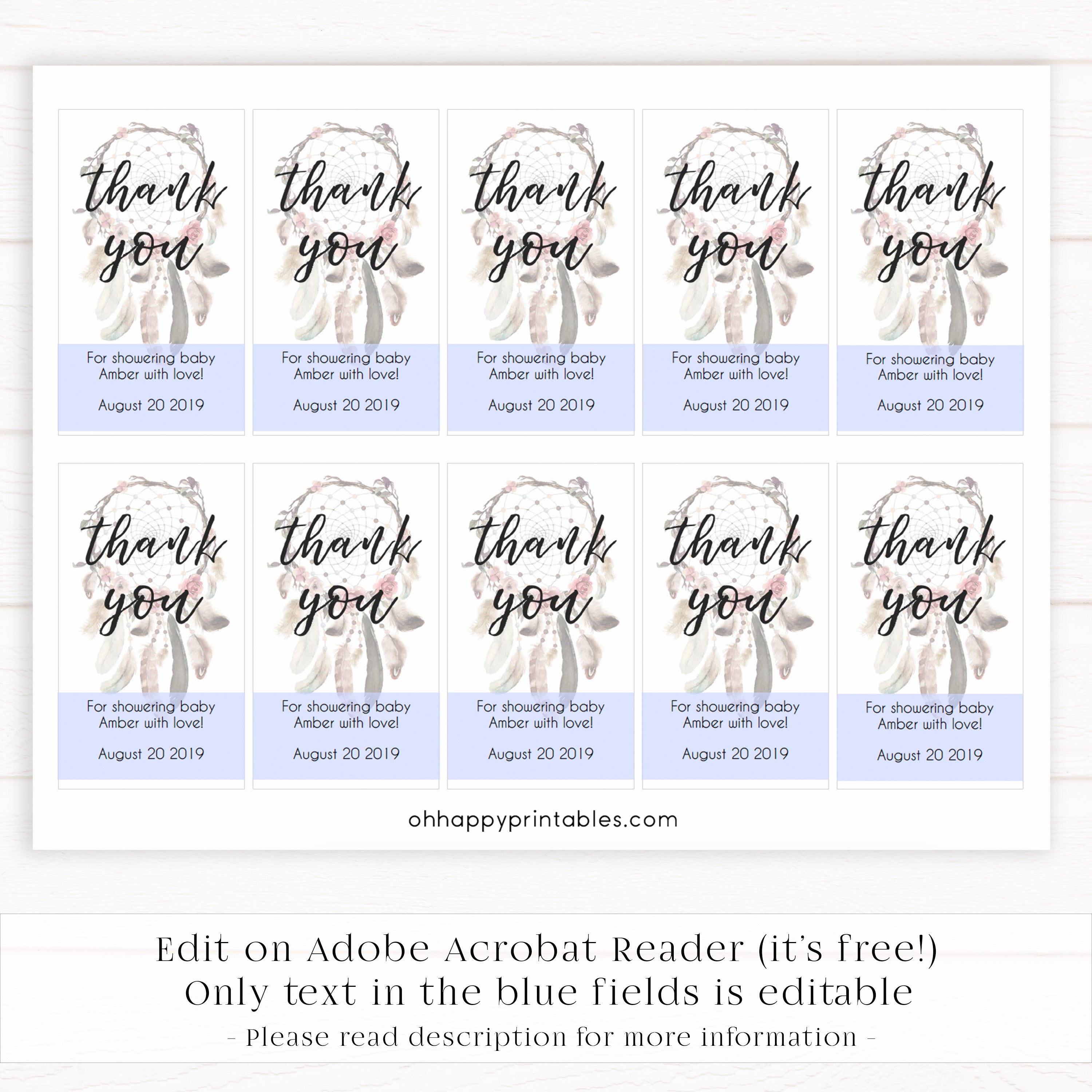 baby shower thank you tags, printable baby shower thank you tags, editable baby shower thank you tags, boho baby shower ideas, baby dreamcatcher decor