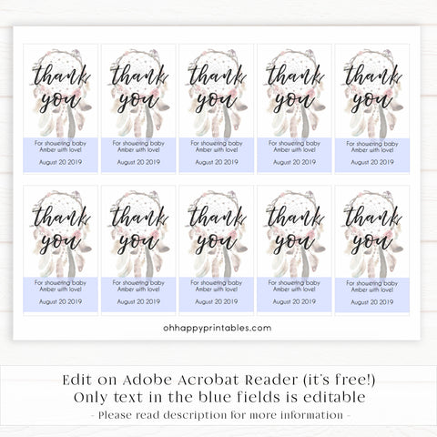 baby shower thank you tags, printable baby shower thank you tags, editable baby shower thank you tags, boho baby shower ideas, baby dreamcatcher decor