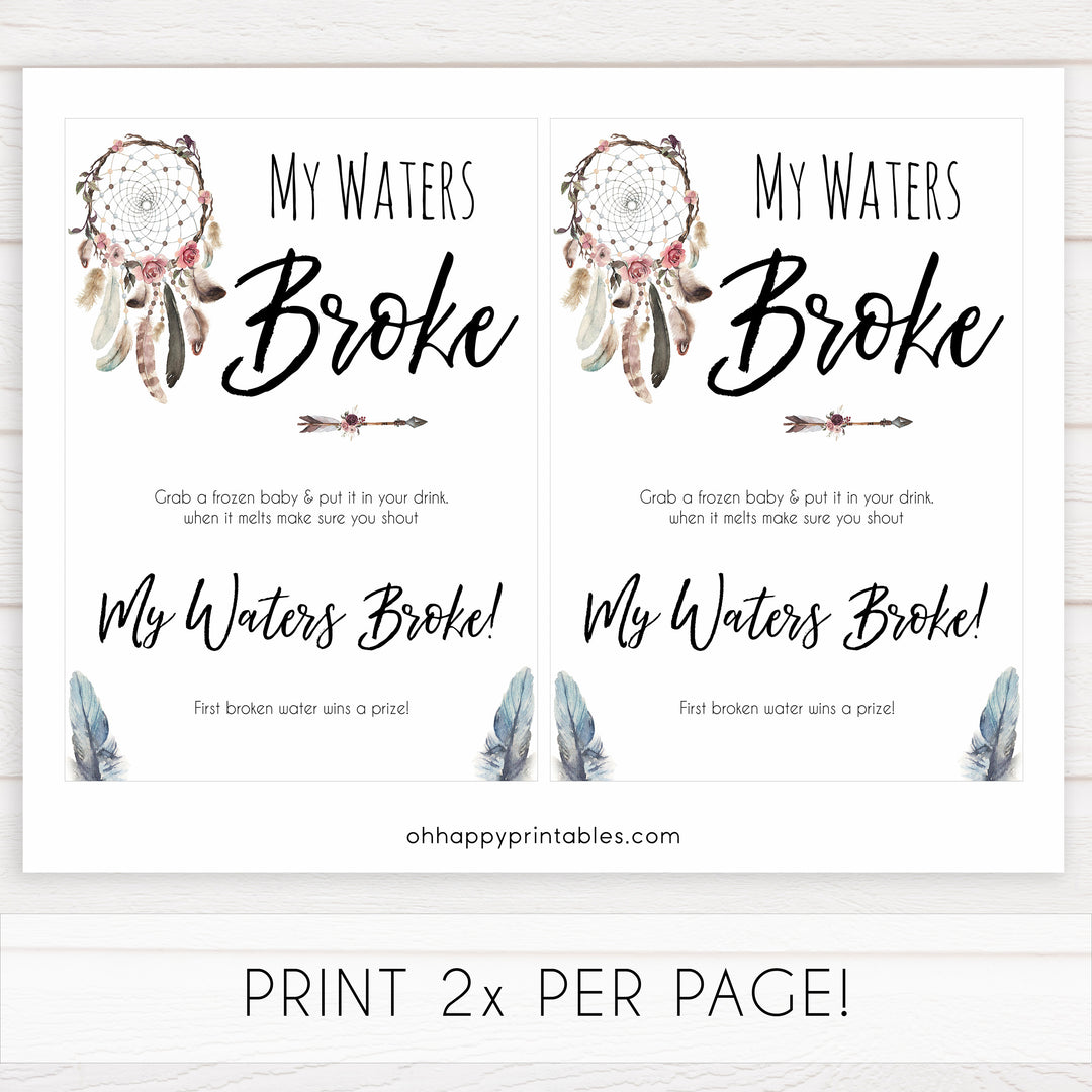 Boho baby games, my waters broke baby game, fun baby games, printable baby games, top 10 baby games, boho baby shower, baby games, hilarious baby games