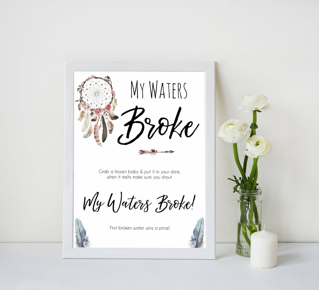 Boho baby games, my waters broke baby game, fun baby games, printable baby games, top 10 baby games, boho baby shower, baby games, hilarious baby games