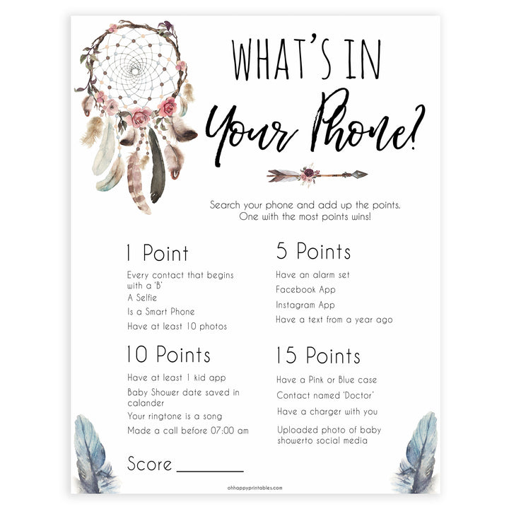 Boho baby games, whats in your phone baby game, fun baby games, printable baby games, top 10 baby games, boho baby shower, baby games, hilarious baby games