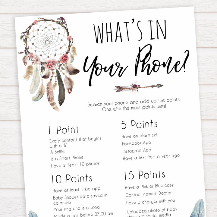 Boho baby games, whats in your phone baby game, fun baby games, printable baby games, top 10 baby games, boho baby shower, baby games, hilarious baby games