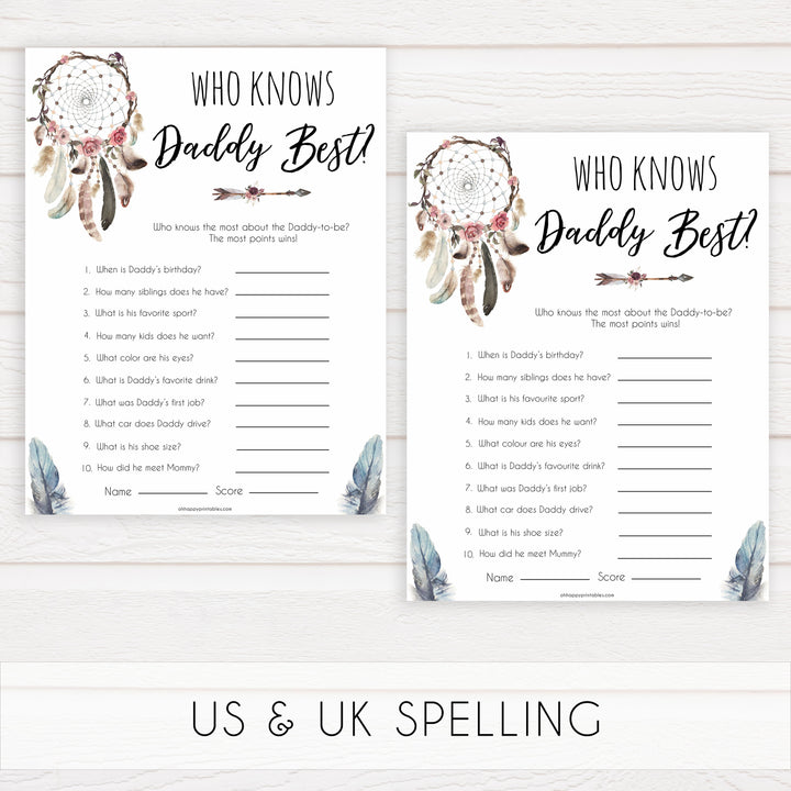 Boho baby games, who knows daddy best baby game, fun baby games, printable baby games, top 10 baby games, boho baby shower, baby games, hilarious baby games