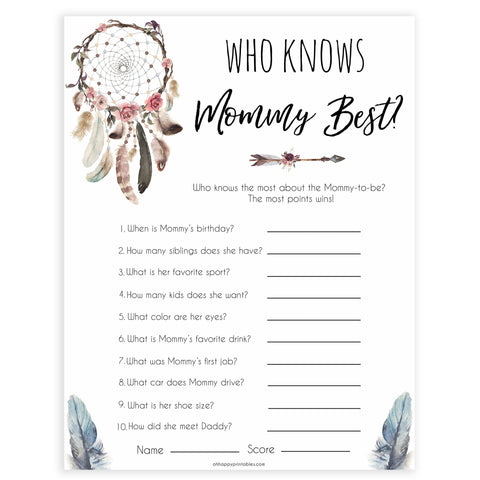 Boho baby games, who knows mommy best, who know mummy best baby game, fun baby games, printable baby games, top 10 baby games, boho baby shower, baby games, hilarious baby games
