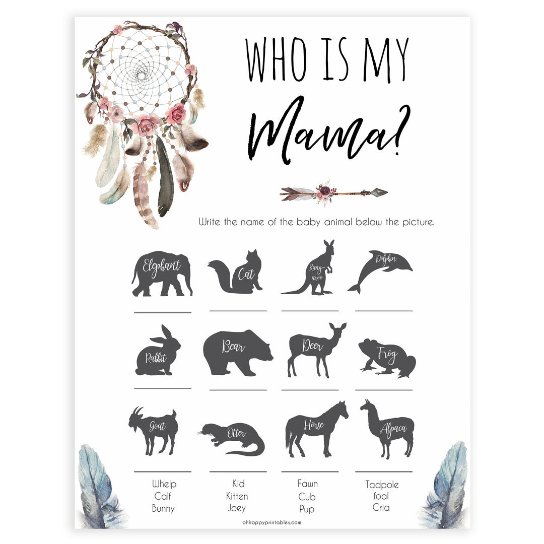 Boho baby games, who is my mama baby game, fun baby games, printable baby games, top 10 baby games, boho baby shower, baby games, hilarious baby games