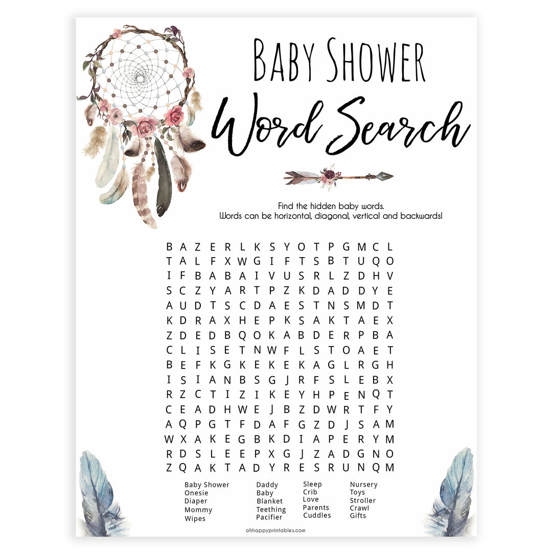 Boho baby games, word search baby game, fun baby games, printable baby games, top 10 baby games, boho baby shower, baby games, hilarious baby games