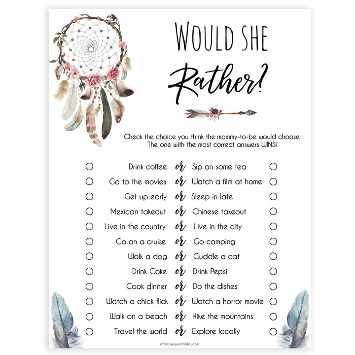 Boho baby games, would she rather baby game, fun baby games, printable baby games, top 10 baby games, boho baby shower, baby games, hilarious baby games