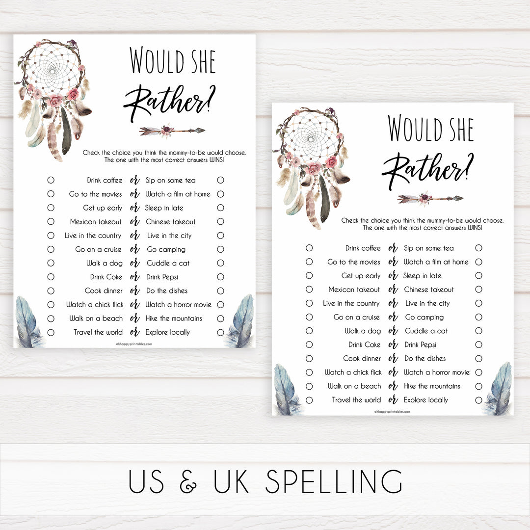 Boho baby games, would she rather baby game, fun baby games, printable baby games, top 10 baby games, boho baby shower, baby games, hilarious baby games