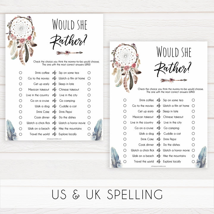 Boho baby games, would she rather baby game, fun baby games, printable baby games, top 10 baby games, boho baby shower, baby games, hilarious baby games