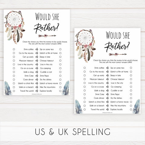Boho baby games, would she rather baby game, fun baby games, printable baby games, top 10 baby games, boho baby shower, baby games, hilarious baby games