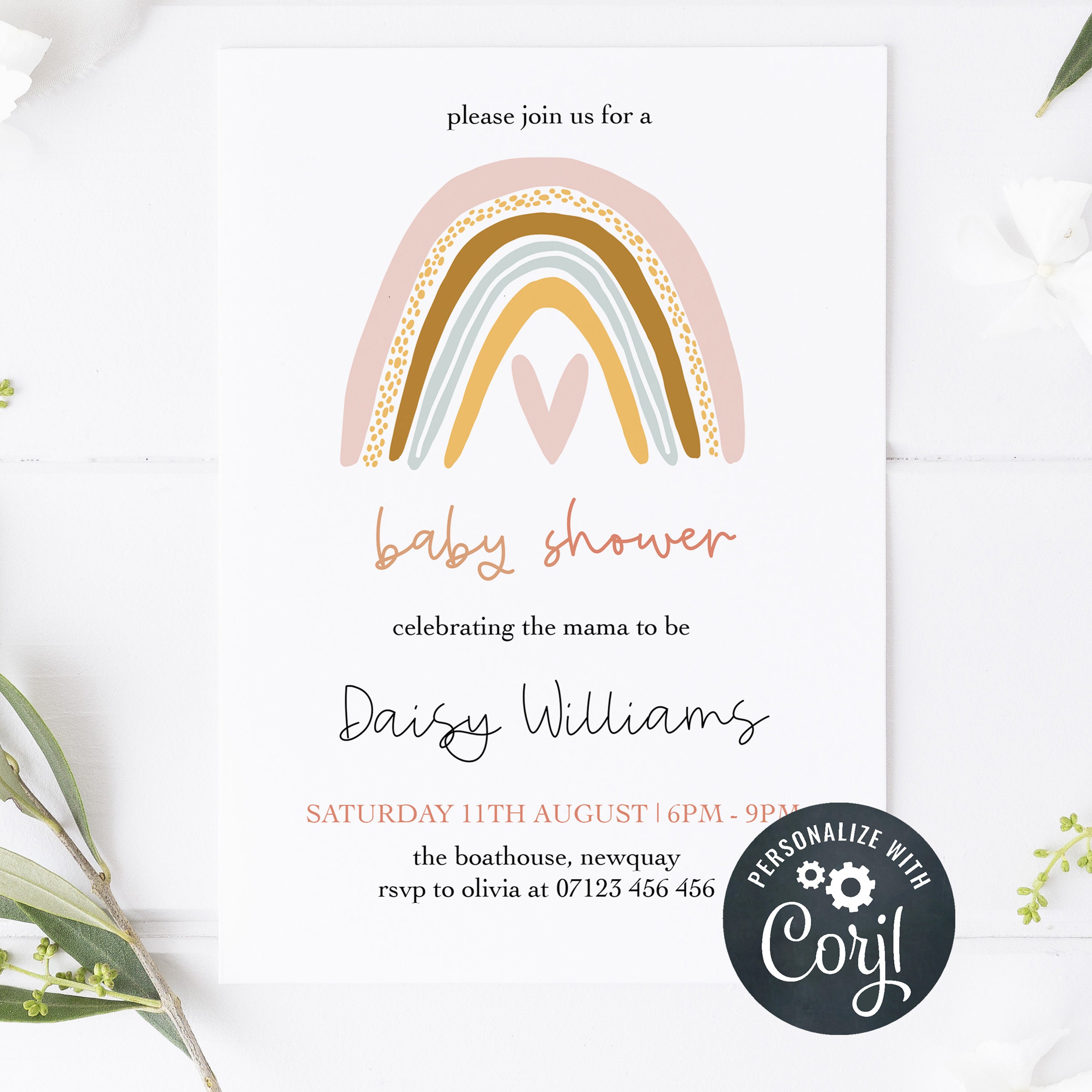 editable boho rainbow baby shower invitations, printable baby shower invitations, boho rainbow baby shower theme, baby shower invites