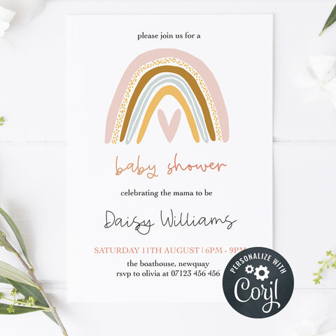 editable boho rainbow baby shower invitations, printable baby shower invitations, boho rainbow baby shower theme, baby shower invites