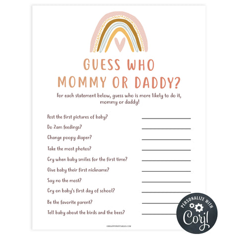 Guess who baby shower game, Printable baby shower games, boho rainbow baby games, baby shower games, fun baby shower ideas, top baby shower ideas, boho rainbow baby shower, baby shower games, fun boho rainbow baby shower ideas