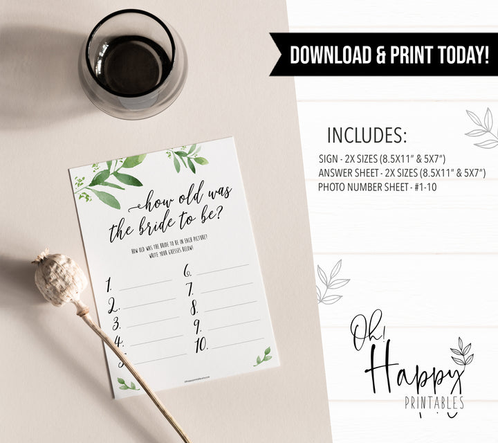 how old was the bride game, greenery bridal shower, fun bridal shower games, bachelorette party games, floral bridal games, hen party ideas