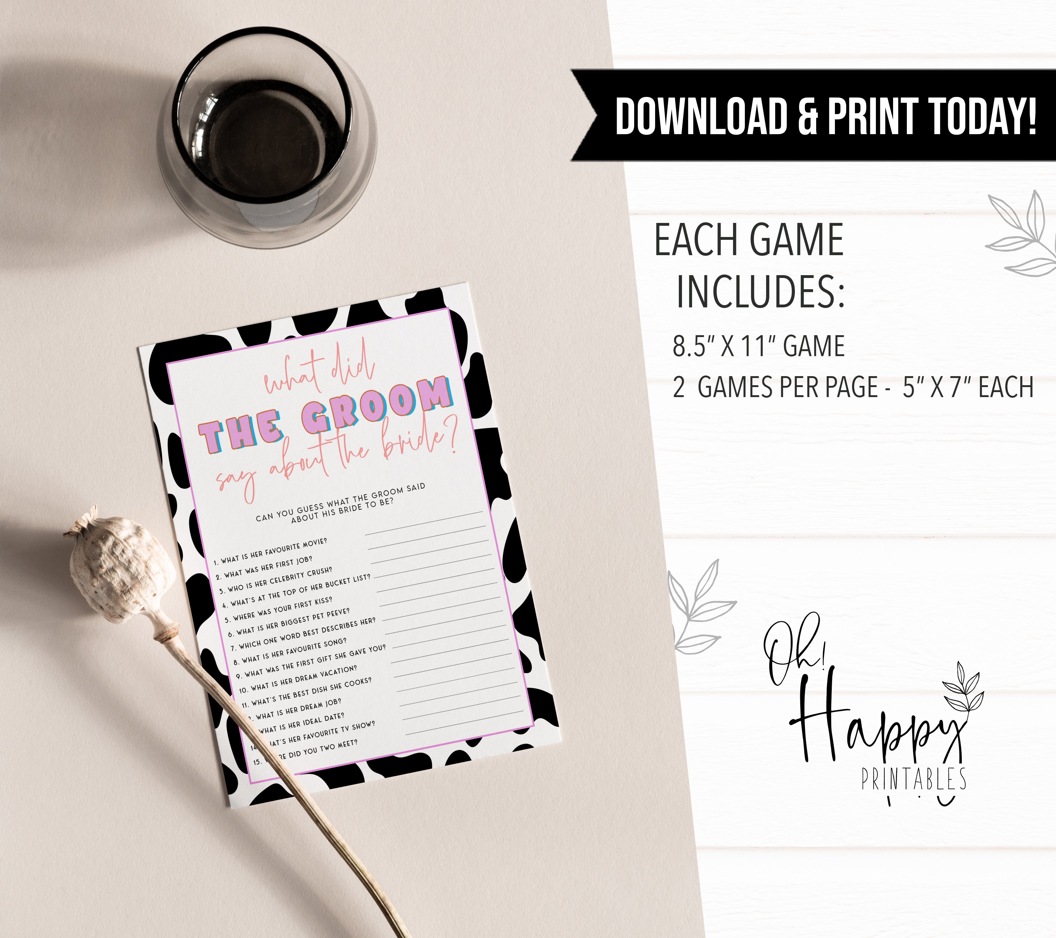 what did the groom say game, Space cowgirl bridal shower games, printable bridal shower games, bridal games, bridal shower games, disco bridal games