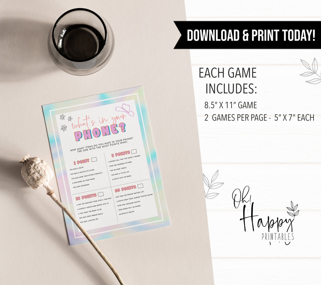 whats in your phone, Space cowgirl bridal shower games, printable bridal shower games, bridal games, bridal shower games, disco bridal games
