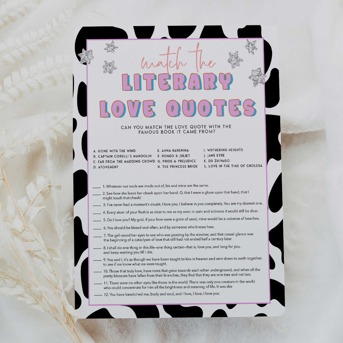 literary love quotes game, Space cowgirl bridal shower games, printable bridal shower games, bridal games, bridal shower games, disco bridal games